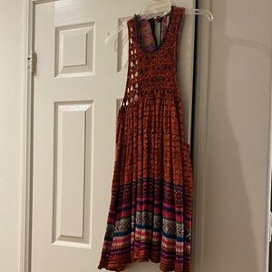 Free People Rust Crochet Bodice Midi Dress with Multicolor Stripes